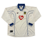 White Portsmouth 2002/2003 Third jersey with blue accents featuring a heart logo and other designs on a white background