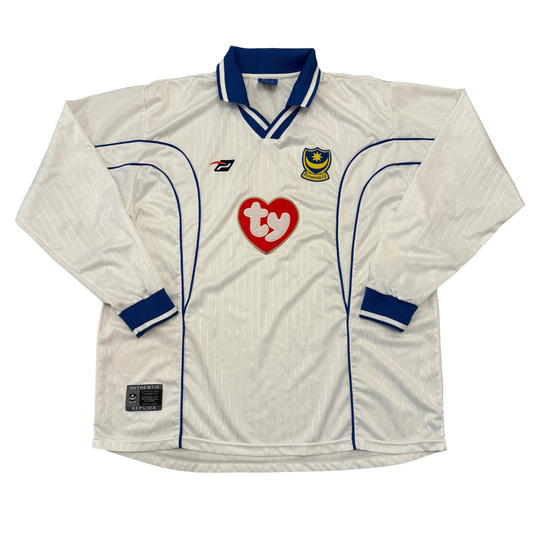 White Portsmouth 2002/2003 Third jersey with blue accents featuring a heart logo and other designs on a white background