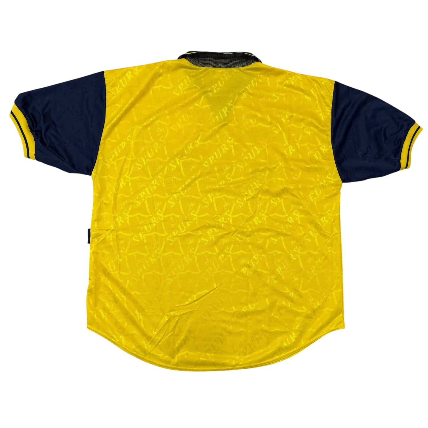Yellow sports jersey with navy sleeves on a white background