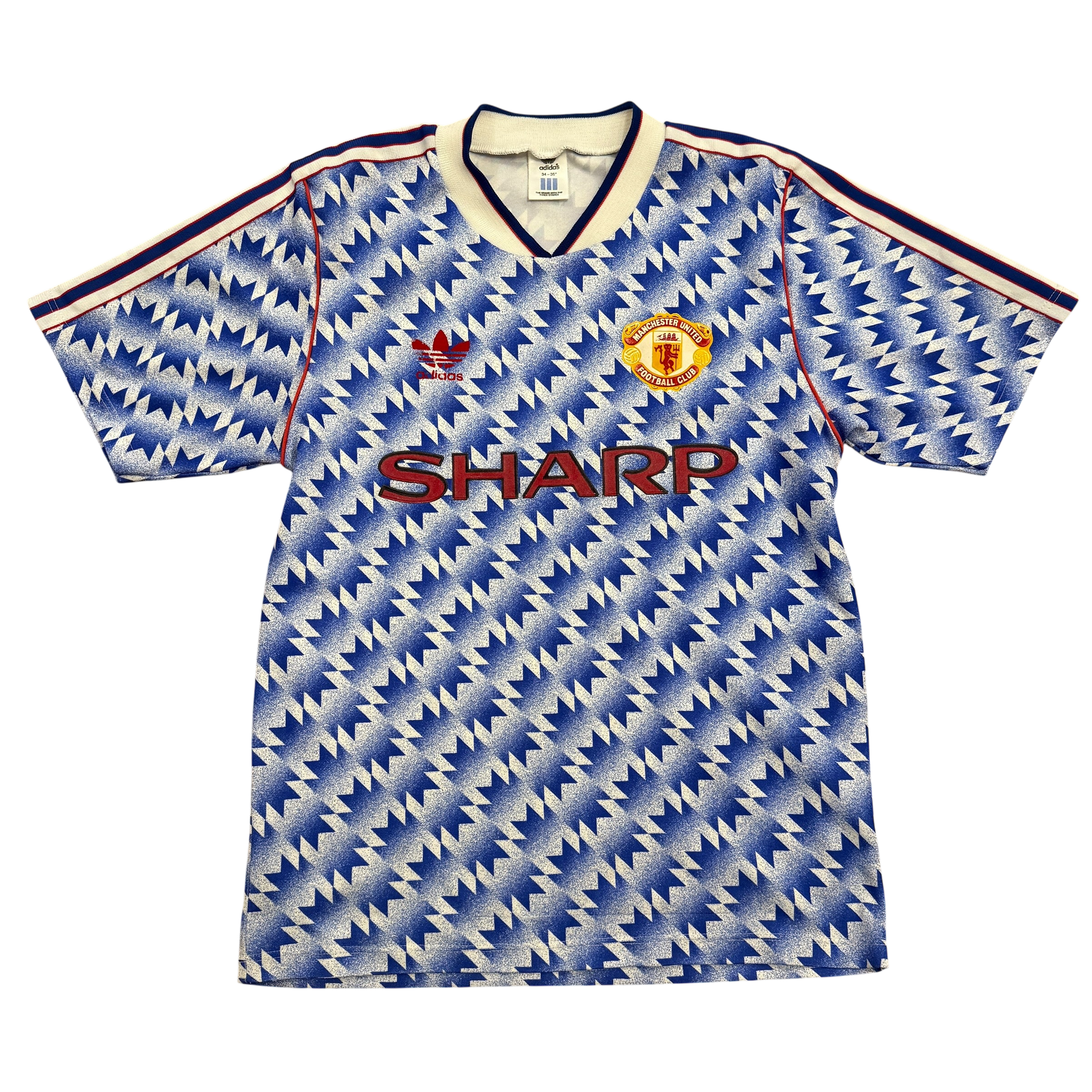 Vintage Manchester United football shirt with Adidas logo and 'Sharp' sponsorship on a white background - Manchester United 1990 Away Shirt 