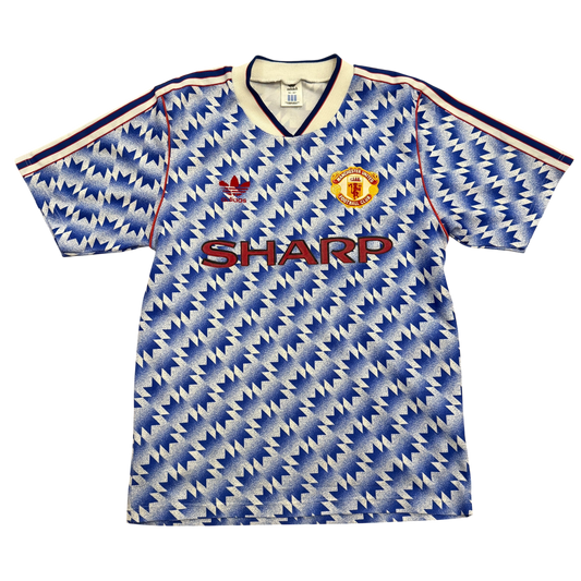 Vintage Manchester United football shirt with Adidas logo and 'Sharp' sponsorship on a white background - Manchester United 1990 Away Shirt 
