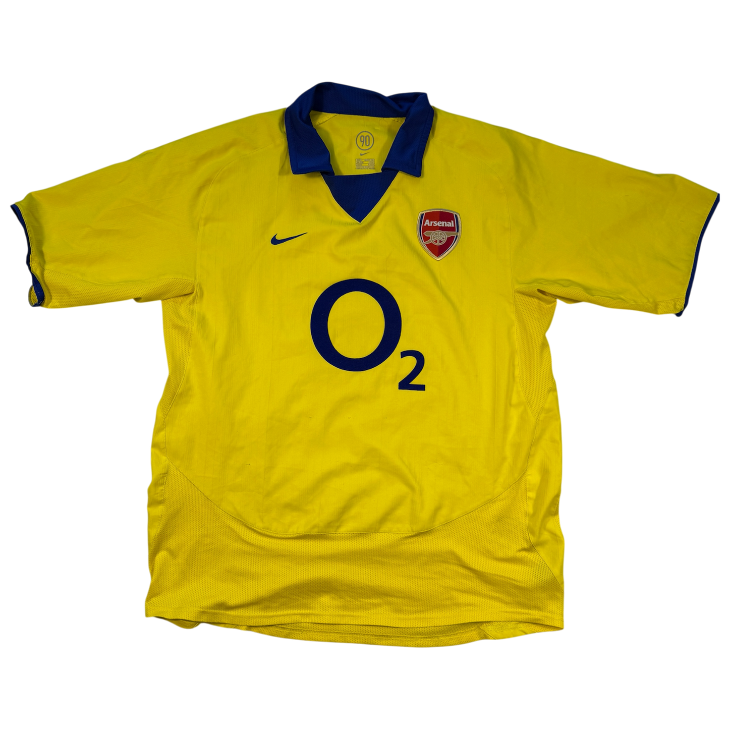 Yellow Arsenal 2003-2004 Away jersey with blue collar and 'O2' logo on a white background