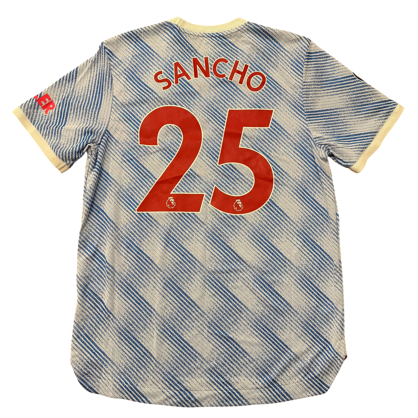 Striped Manchester United 2021/2022 HEAT.RDY Away jersey with 'Sancho' and number '25' on a white background