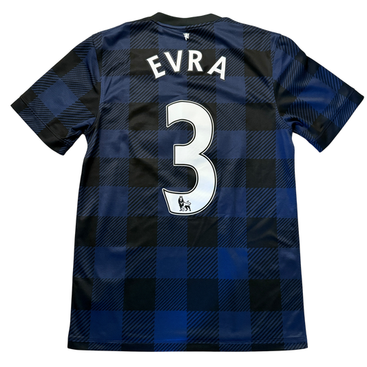 Blue and black checkered Manchester United 2013/14 Away jersey with 'EVRA' and number '3' on a white background