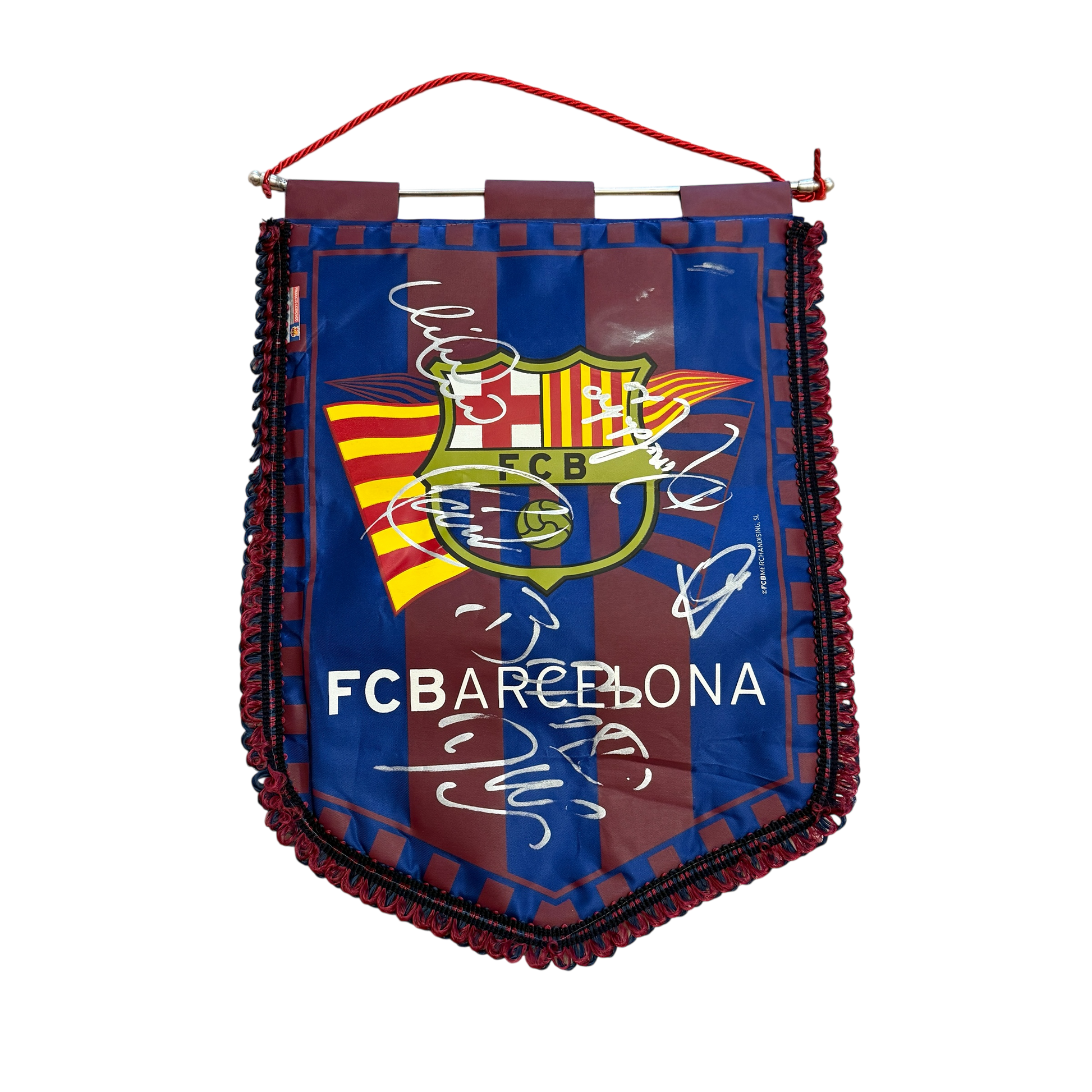 FC Barcelona flag with red, blue, and yellow colors on a white background