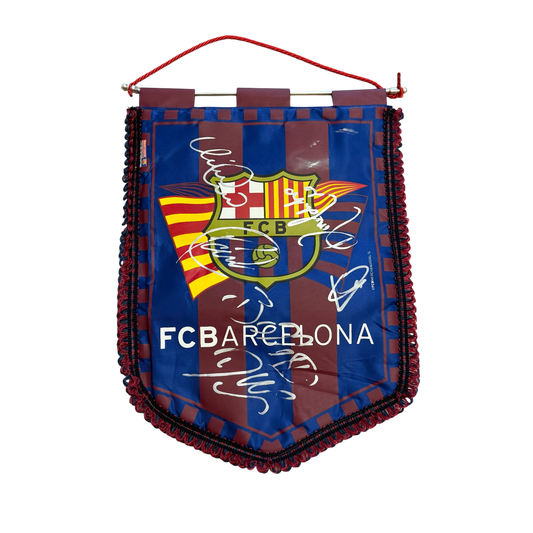FC Barcelona flag with red, blue, and yellow colors on a white background