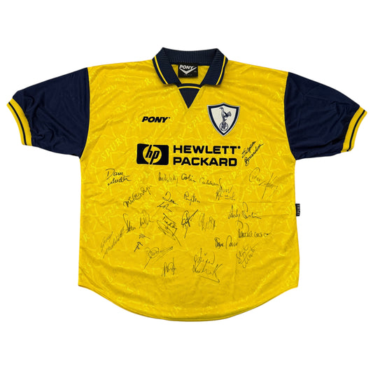 Yellow sports jersey with black sleeves and Hewlett-Packard logo on a white background. The Tottenham Hotspur 1995-1996-1996 Away Shirt 