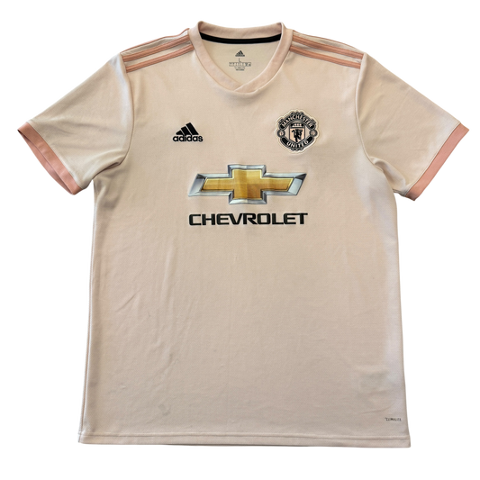 Pink Manchester United 2018/2019 Away jersey with Adidas and Chevrolet logos on a white background