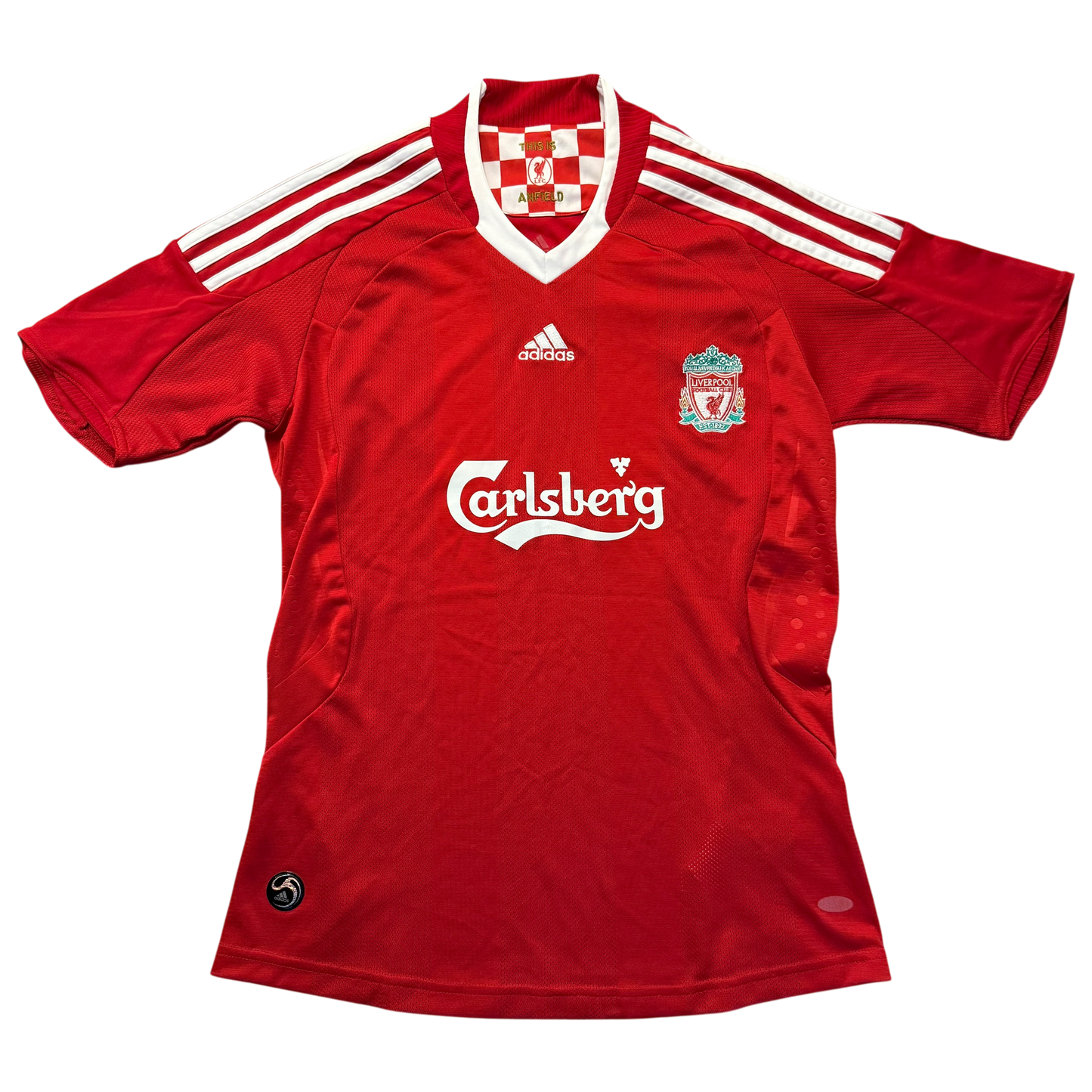 Red Liverpool 2008-2009 Home jersey with visible Carlsberg branding on a white background