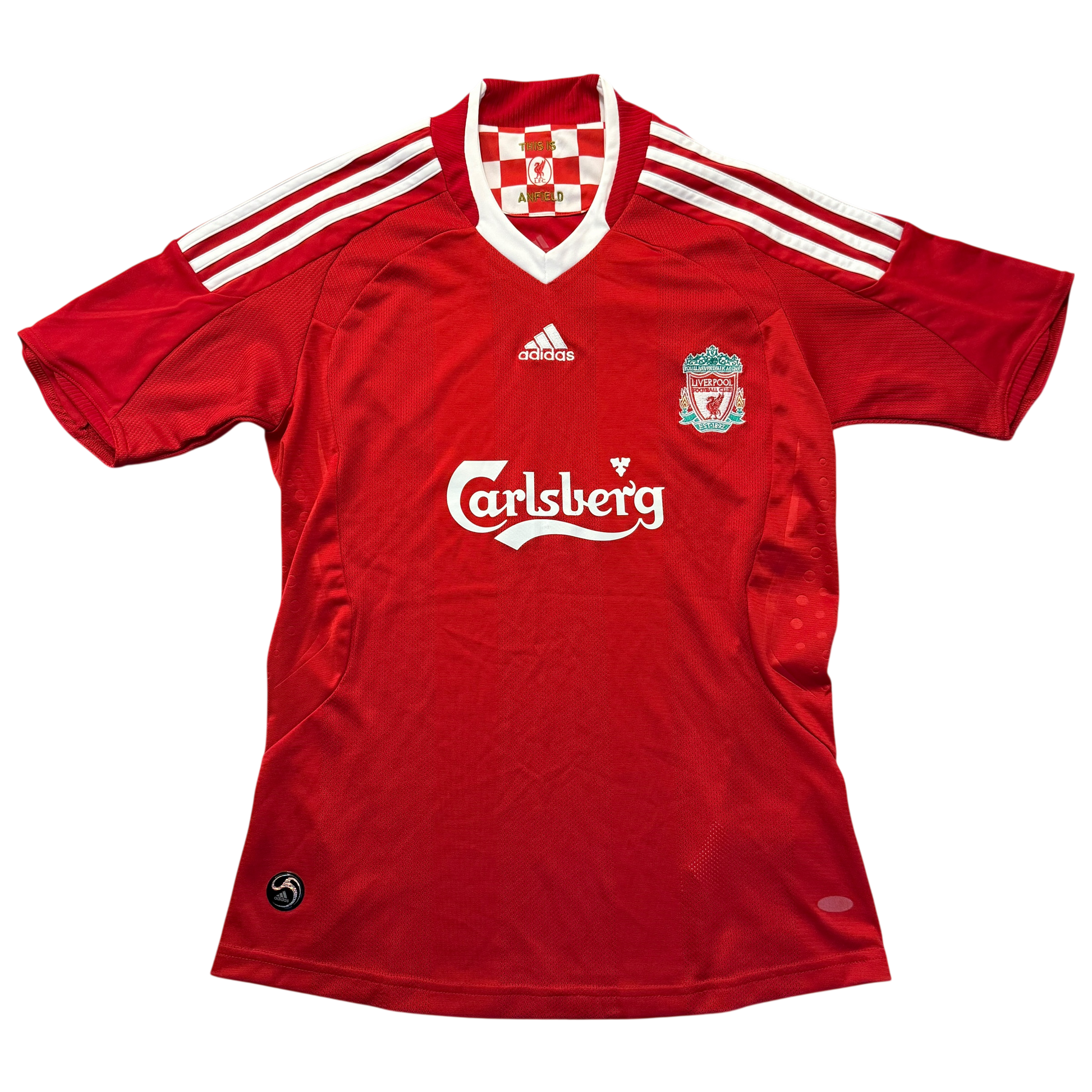 Red Liverpool 2008-2009 Home jersey with visible Carlsberg branding on a white background