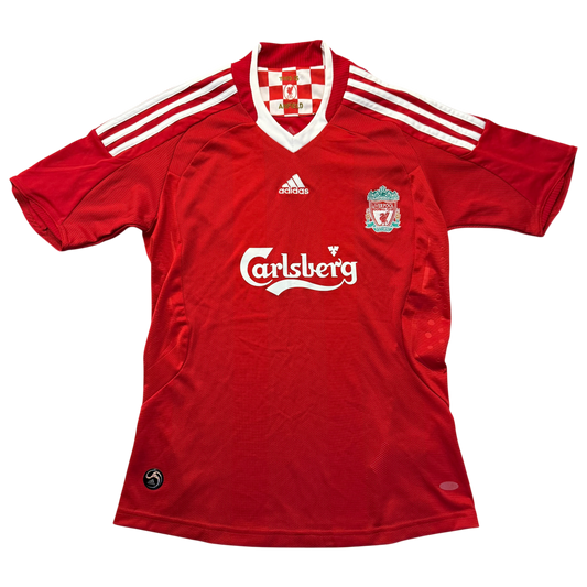 Red Liverpool 2008-2009 Home jersey with visible Carlsberg branding on a white background