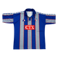 Blue and gray striped shirt with red and white 'CTX' logo. The Watford 1998/1999 Away Shirt front