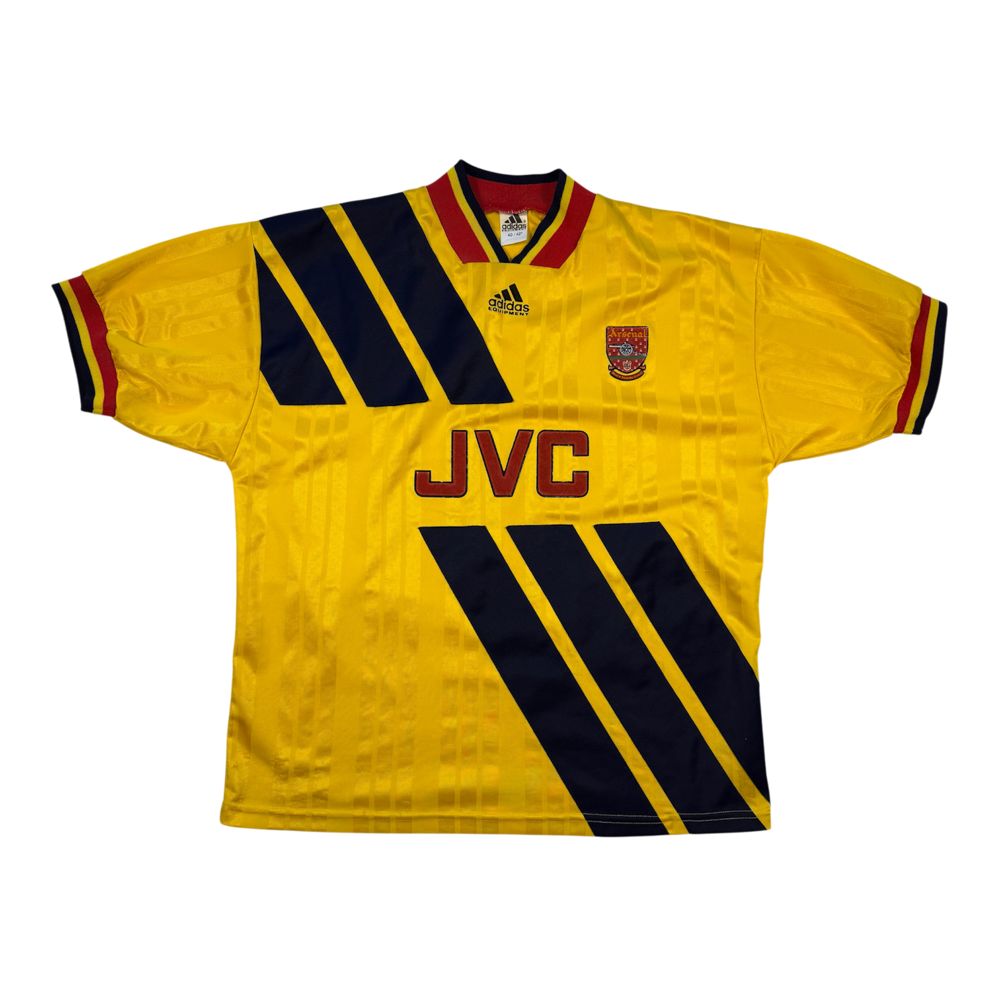 Yellow Arsenal 1993/1994 Away - jersey with black stripes and JVC branding