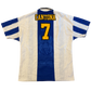 Soccer jersey with 'Cantona' and number '7' on a white background - the Manchester United 1994/1995/1996 Third Shirt in Extra Large 