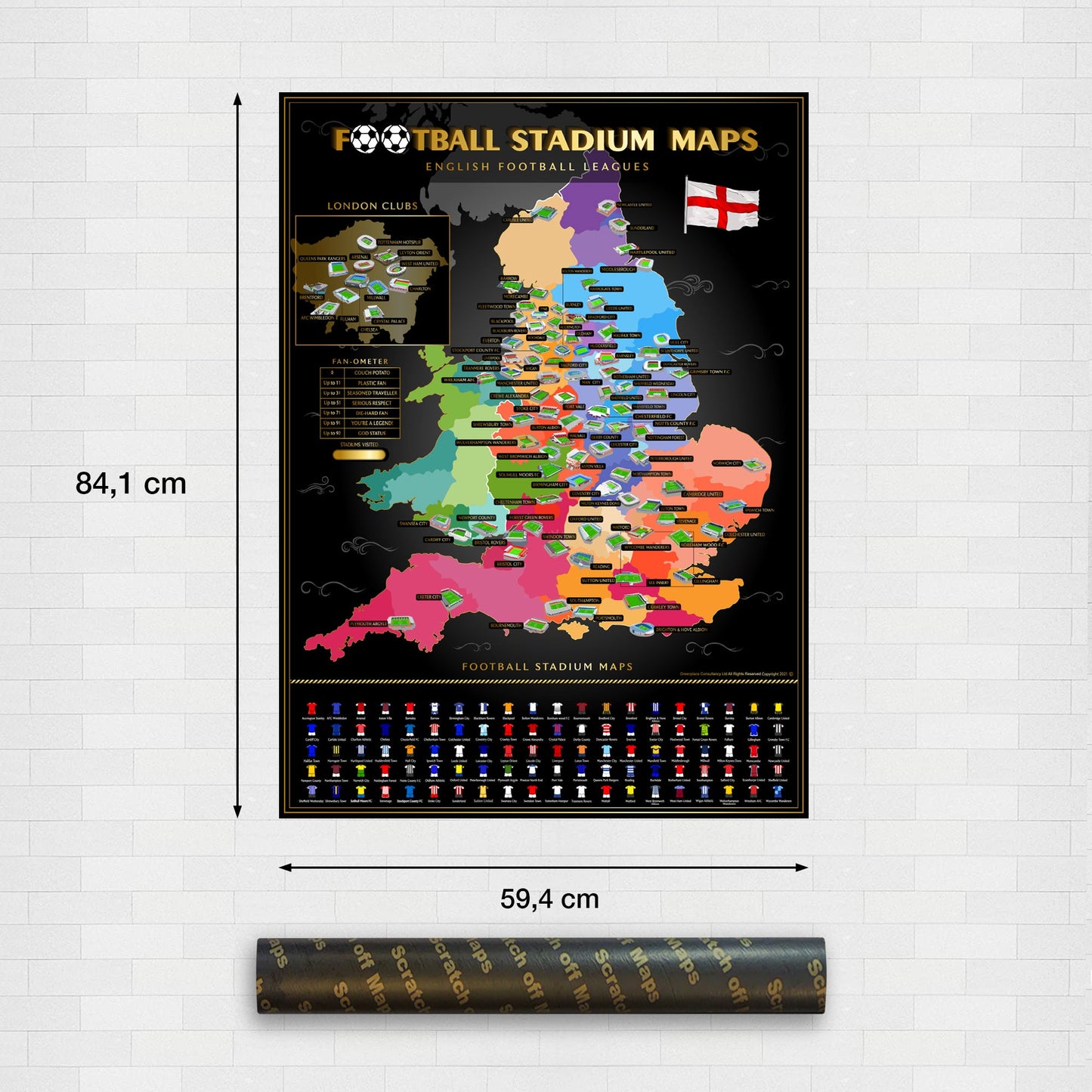 Map of English football stadiums with dimensions on a white wall