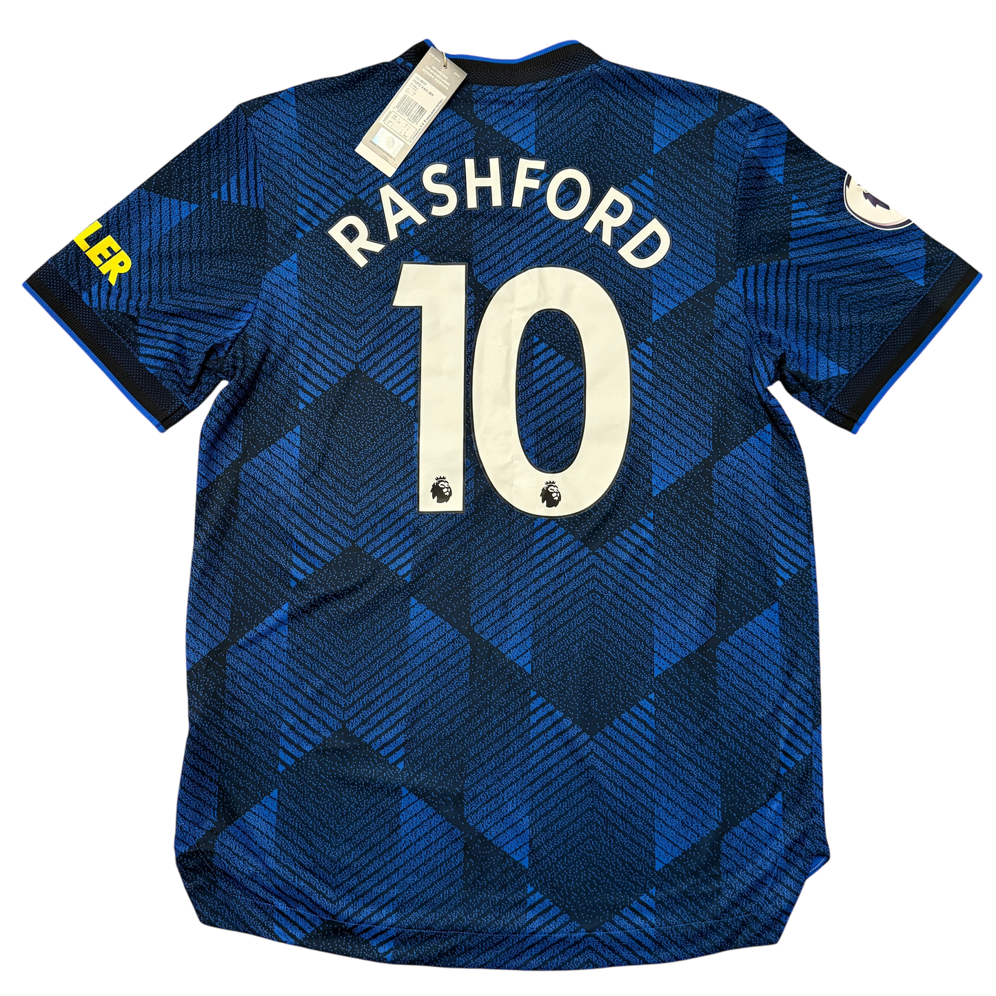 Blue Manchester United 2021/2022 HEAT.RDY Third jersey with 'Rashford' and number '10' on a white background