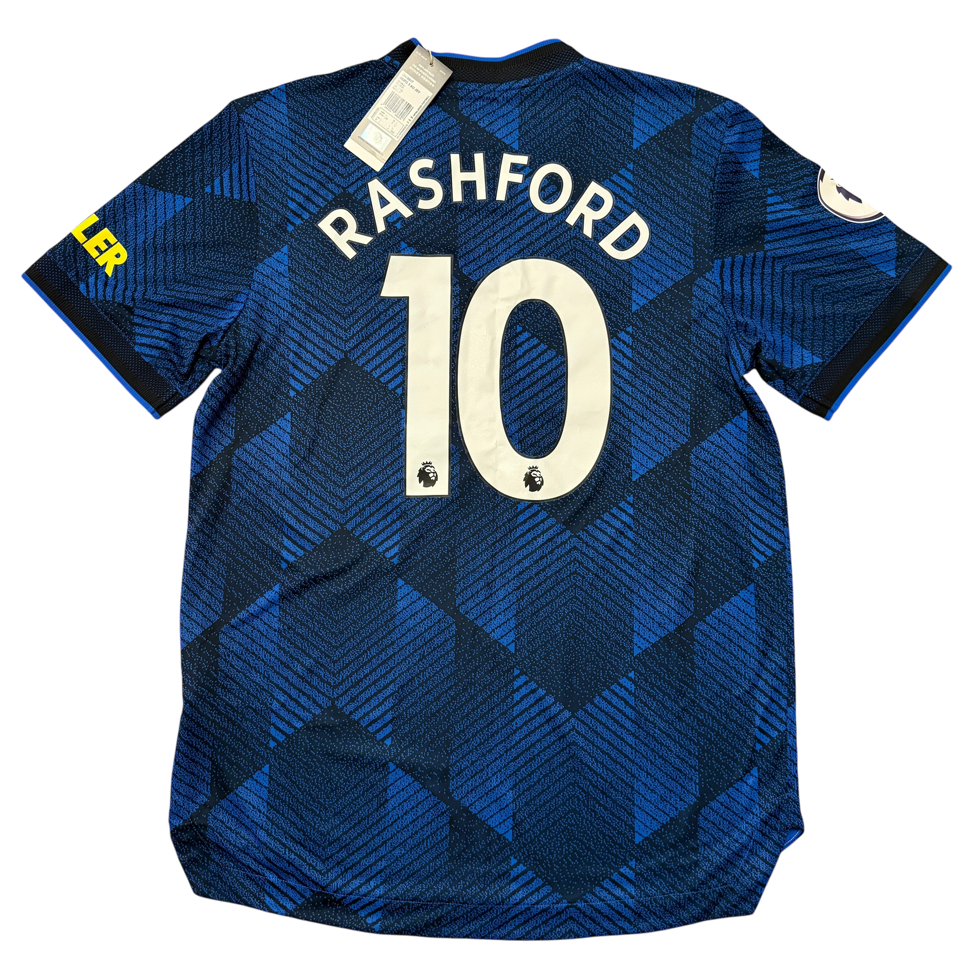 Blue Manchester United 2021/2022 HEAT.RDY Third jersey with 'Rashford' and number '10' on a white background