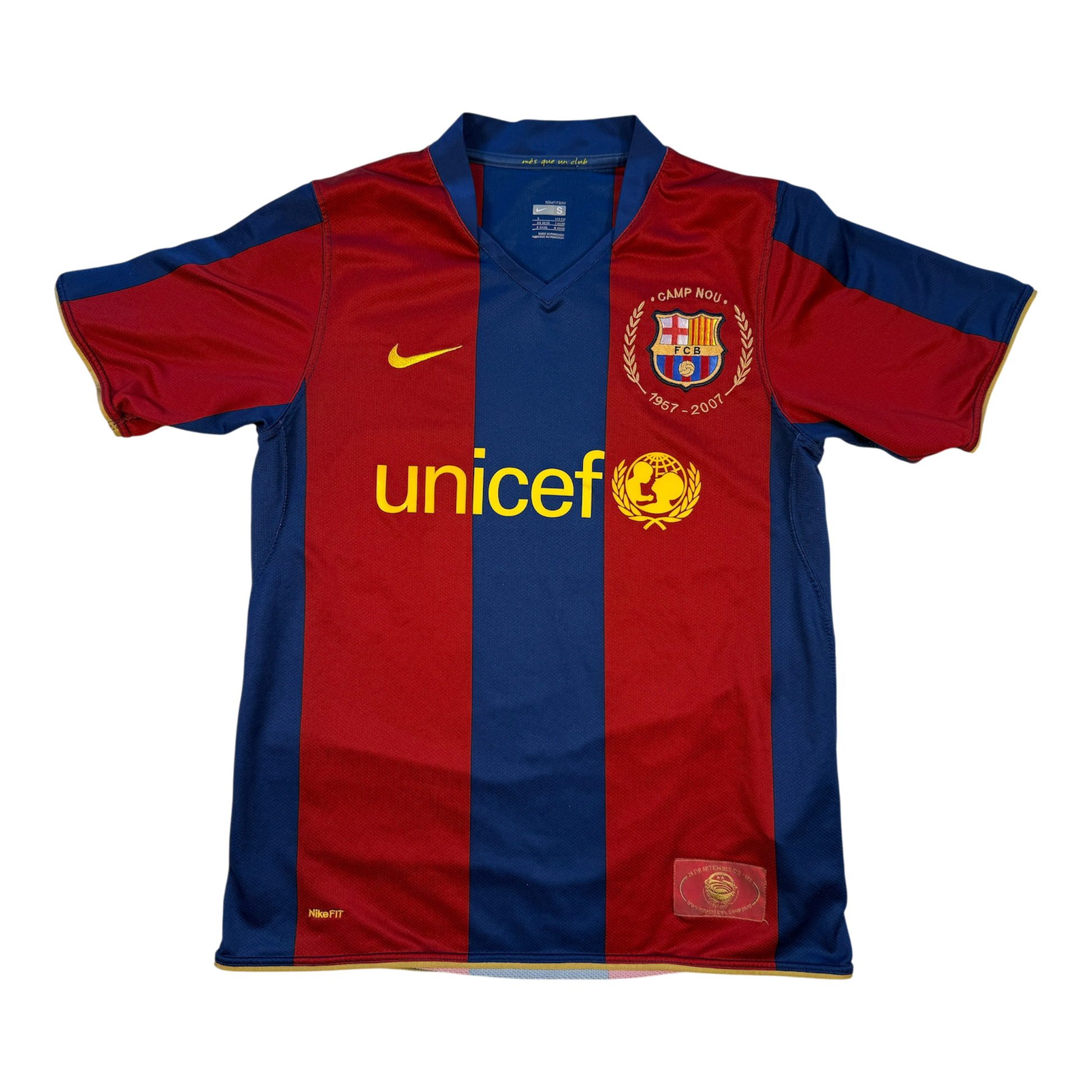 Red and blue Barcelona 2007/08 Home jersey with Nike logo and Unicef branding on a white background