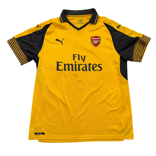 Arsenal 2016/2017 Away Shirt front - a yeloow Puma shirt with grey trim and detailing