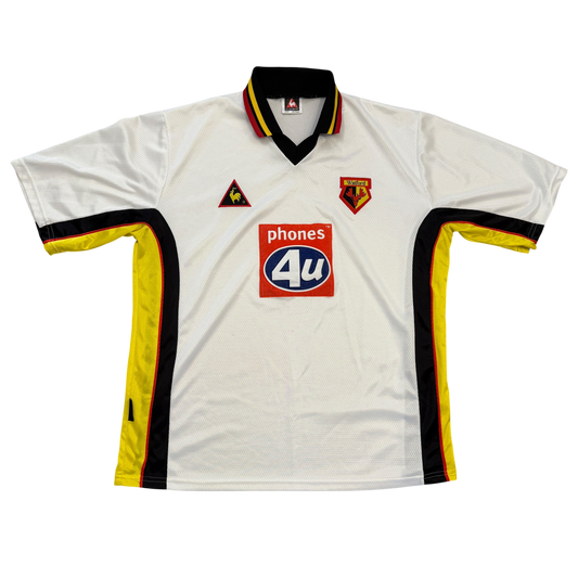 White sports jersey with red and yellow accents and visible branding on a white background. Watford 1999/2000/2001 Away Shirt front with red and blue Phones 4U sponsor
