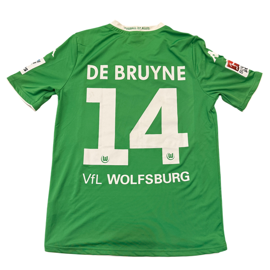 Green sports jersey with 'De Bruyne 14' and 'VfL Wolfsburg' text on a white background - Wolfsburg 2014/2015 Match Issued Home Shirt