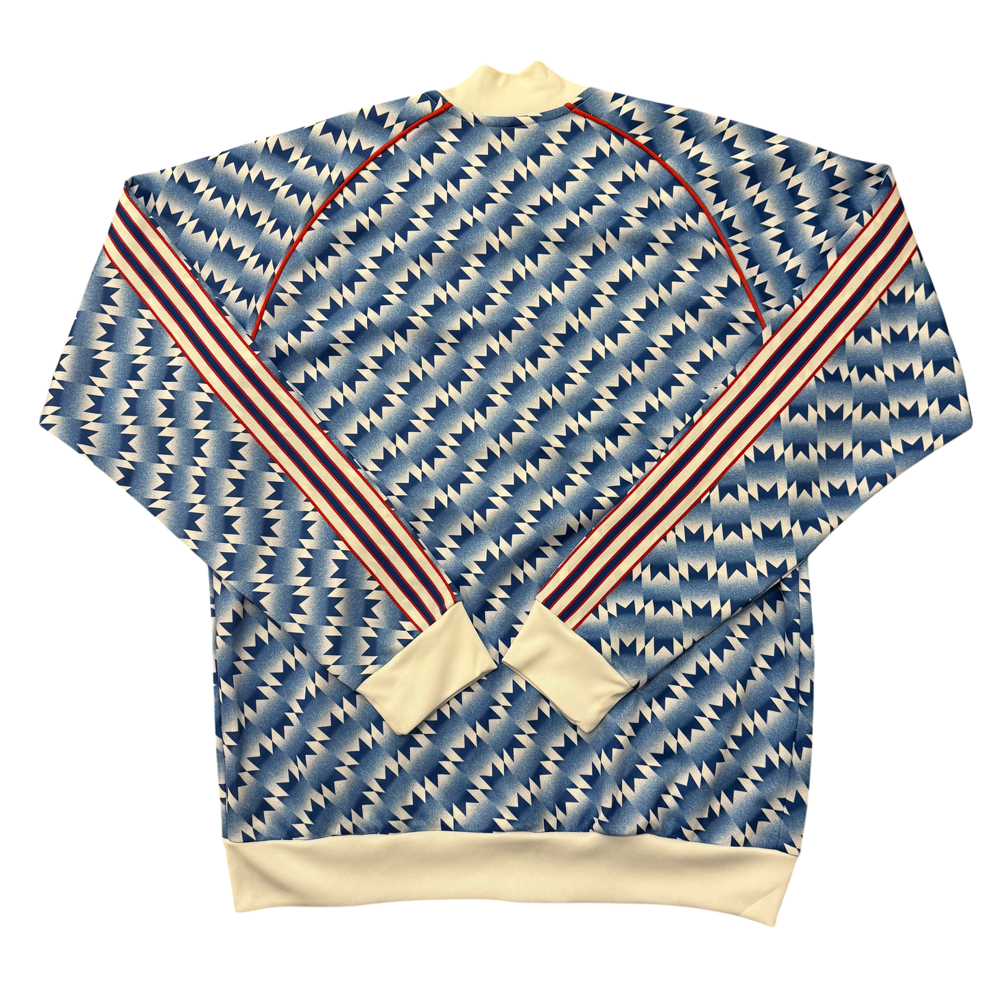 Sweatshirt with blue and white pattern and red and white stripes on a white background