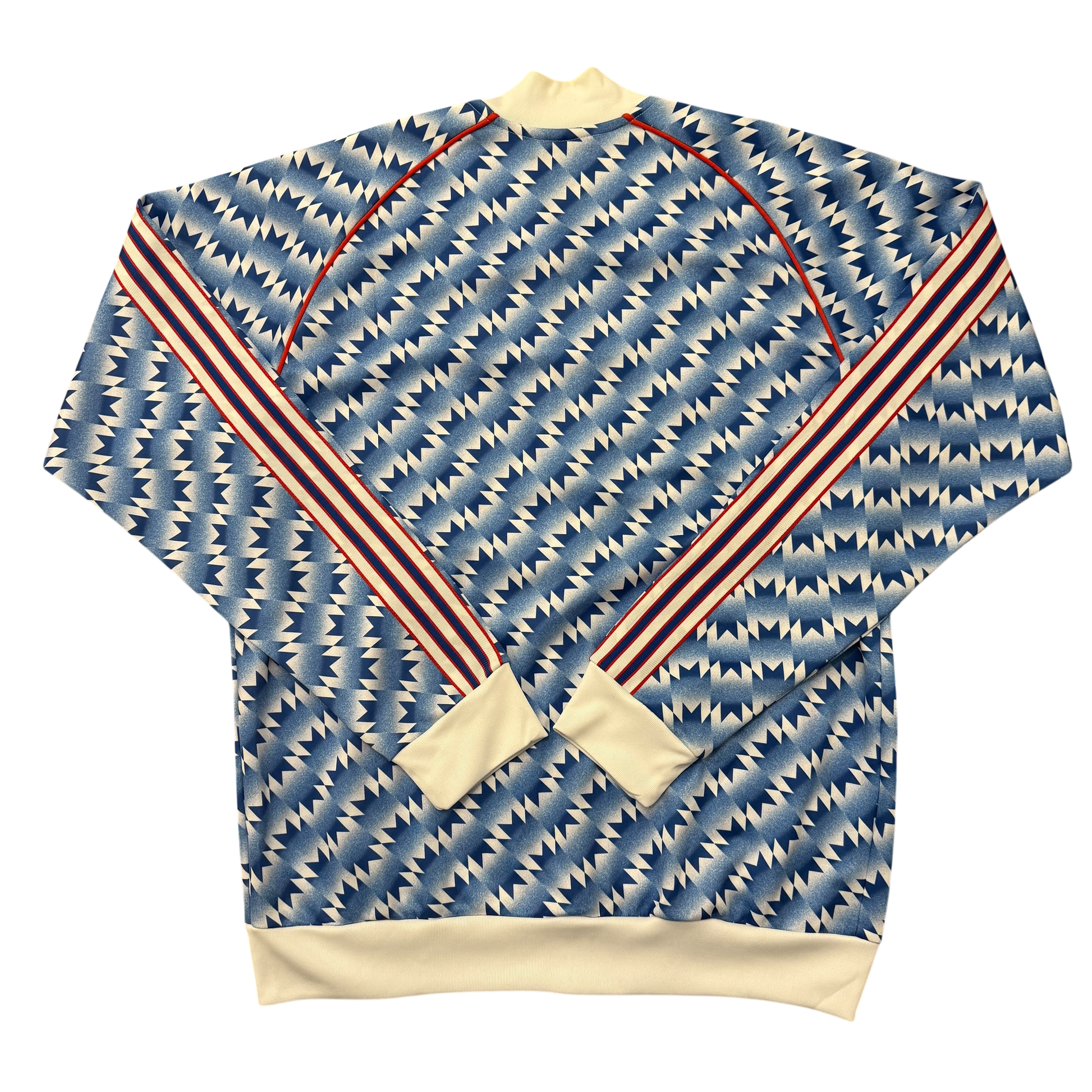 Sweatshirt with blue and white pattern and red and white stripes on a white background