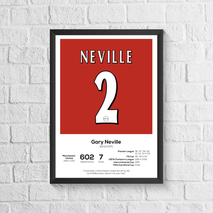 Framed sports jersey print with 'Neville' and number '2' on a red background, mounted on a white brick wall.