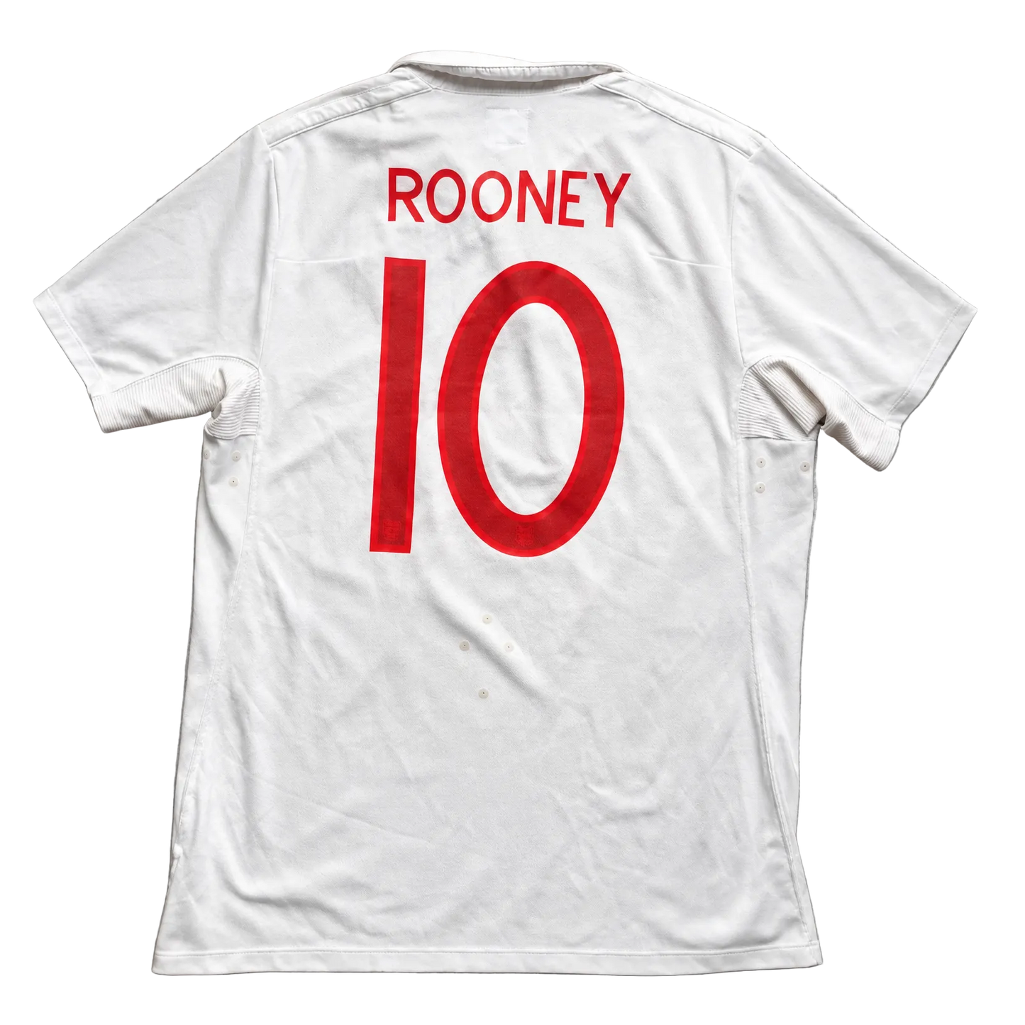 White t-shirt with 'ROONEY 10' printed on the back against a gray background