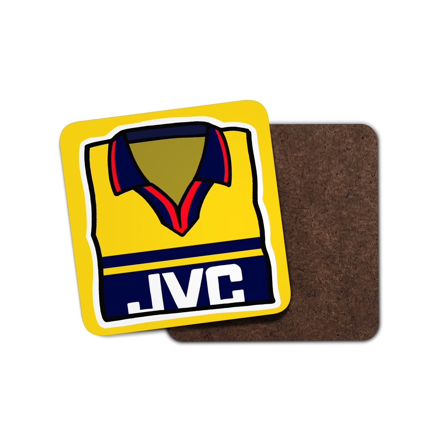 Arsenal 1998/99 away shirt coaster showing the classic yellow and navy JVC football kit.