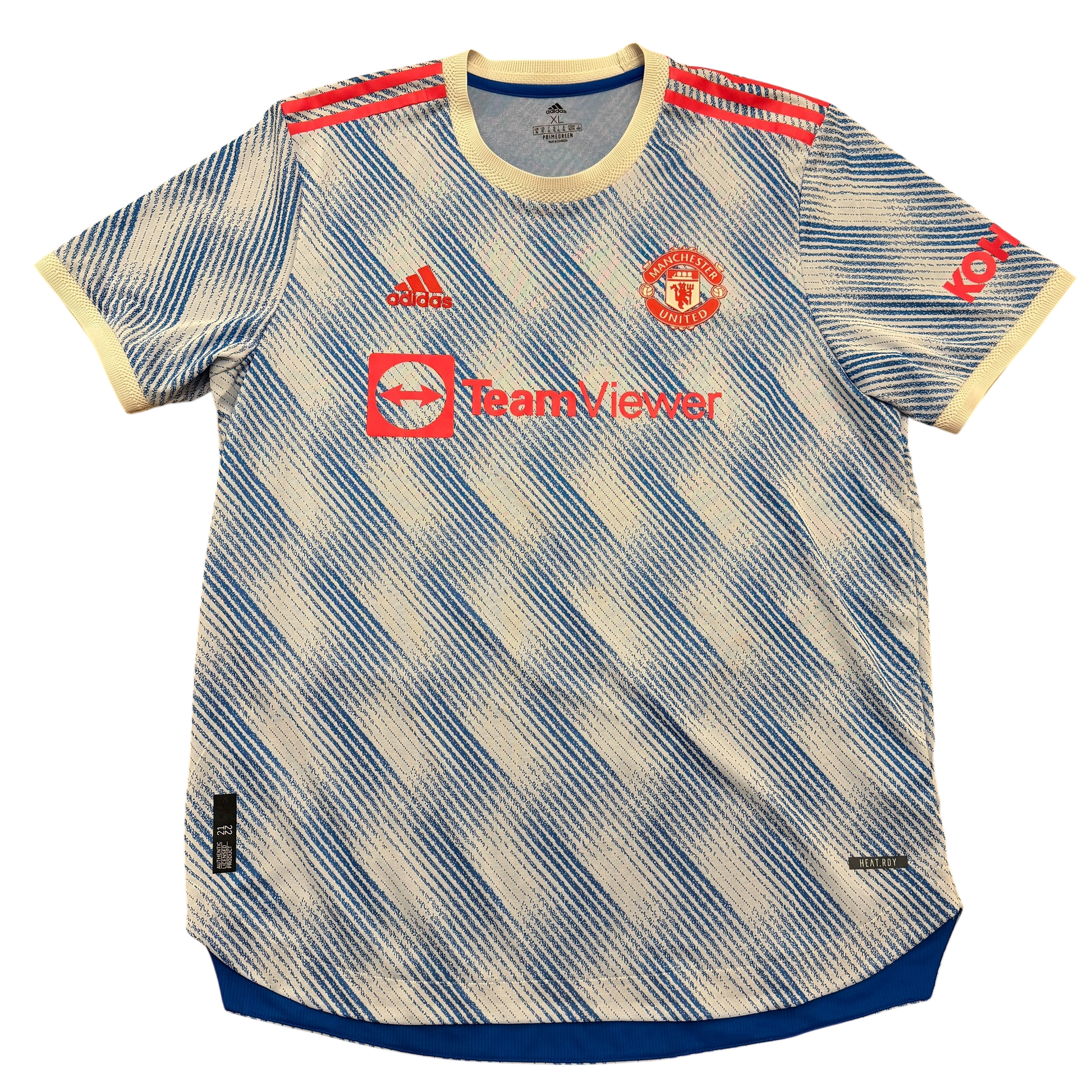 Soccer jersey with Adidas and TeamViewer logos on a white background. The Heat.rdy version of the Manchester United 2021/2022 away shirt