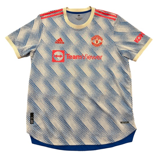 Soccer jersey with Adidas and TeamViewer logos on a white background. The Heat.rdy version of the Manchester United 2021/2022 away shirt