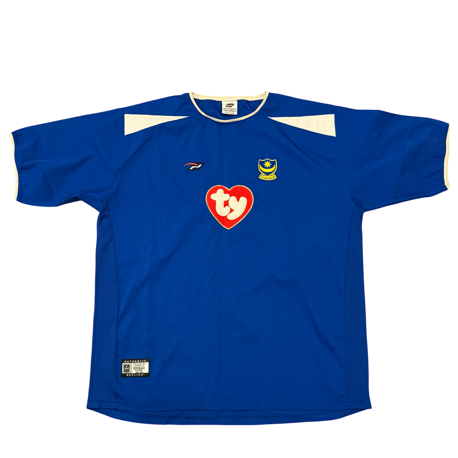 Blue Portsmouth 2002/2003 Home jersey with a red heart logo and white trim on a white background