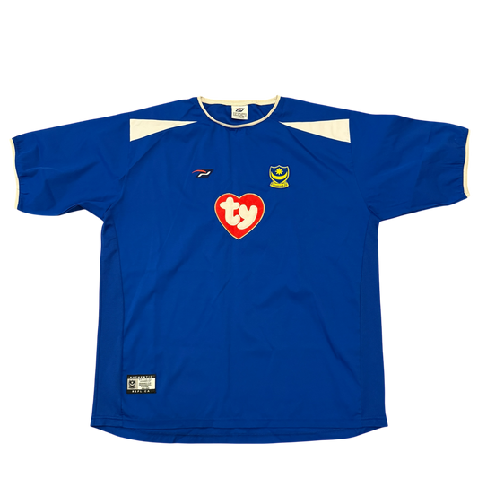 Blue Portsmouth 2002/2003 Home jersey with a red heart logo and white trim on a white background
