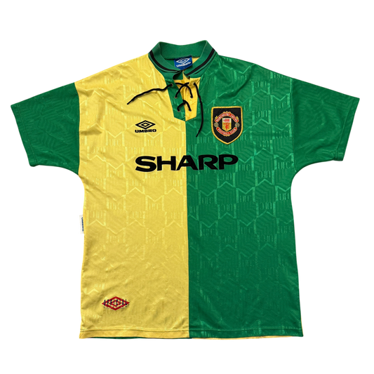 Green and yellow Manchester United 1992-1993-1994 Third jersey with Manchester United logo and Umbro branding on a white background