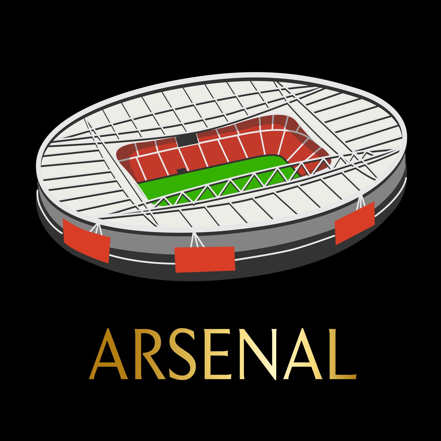 Stadium illustration with 'Arsenal' text on a black background