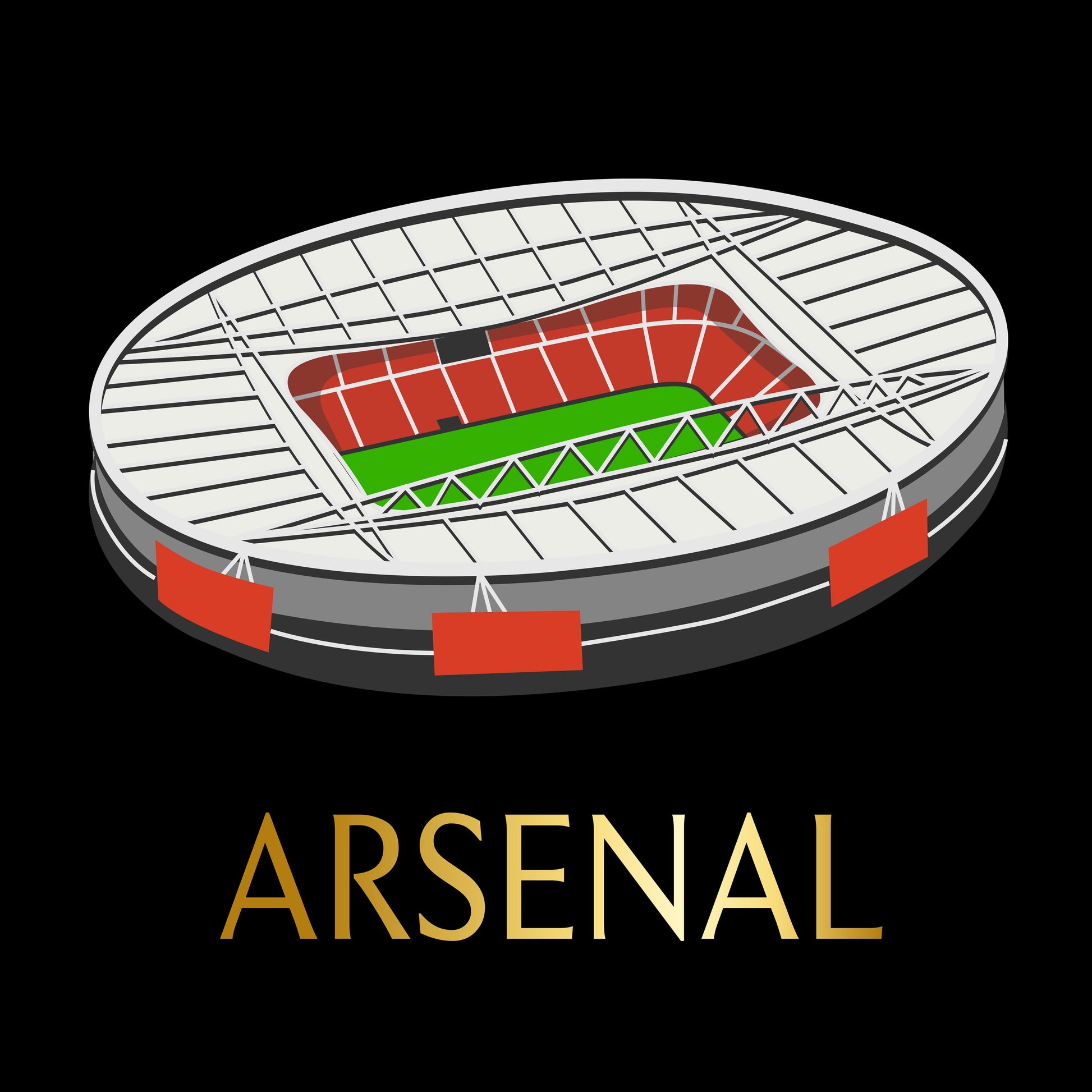 Stadium illustration with 'Arsenal' text on a black background