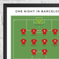 Framed soccer team lineup poster titled 'One Night in Barcelona' on a green field diagram.