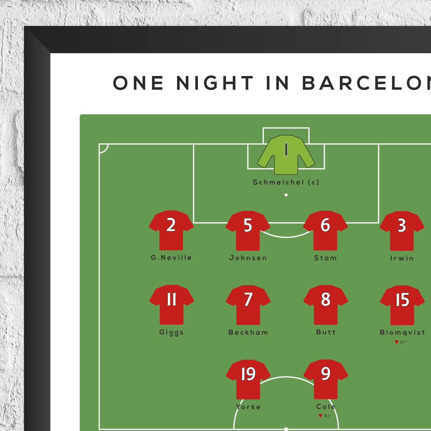 Framed soccer team lineup poster titled 'One Night in Barcelona' on a green field diagram.