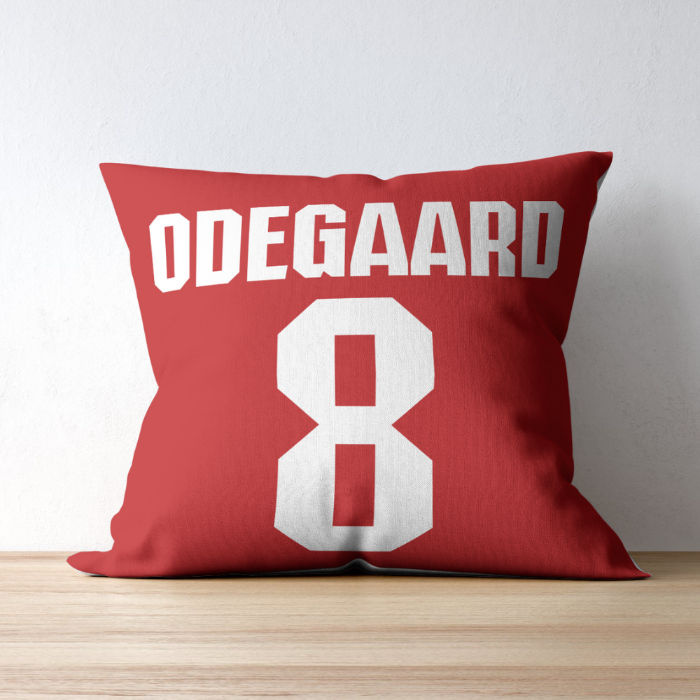 Odegaad home cushion cover - A red Arsenal cushion with Odegaard 8 white cup print