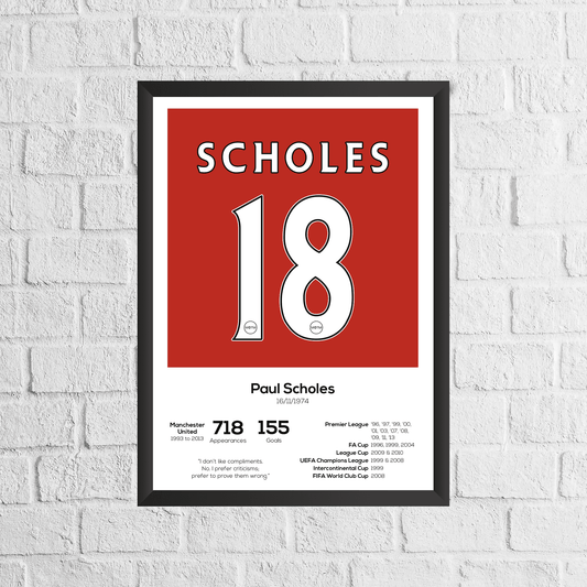 Framed poster with 'Scholes 18' on a red background against a white brick wall.