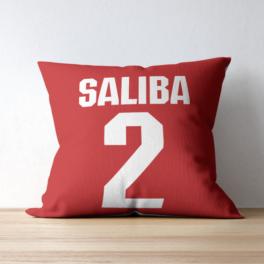 Saliba 2 Arsenal Font Style Cushion Cover - A red Arsenal cover with Saliba 2 print in white