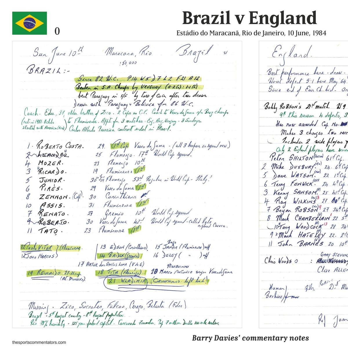 FOOTBALL Brazil v England, Estádio Maracanã, Rio de Janeiro, 10 June, 1984 . Barry Davies