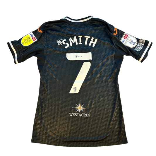 Black sports jersey with 'Smith' and number '7' on a white background. Swansea City 2021/2022 Match Worn Away Shirt - Smith 7