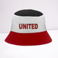 Bucket hat with black top, white middle, and red bottom, featuring the word 'UNITED'.
