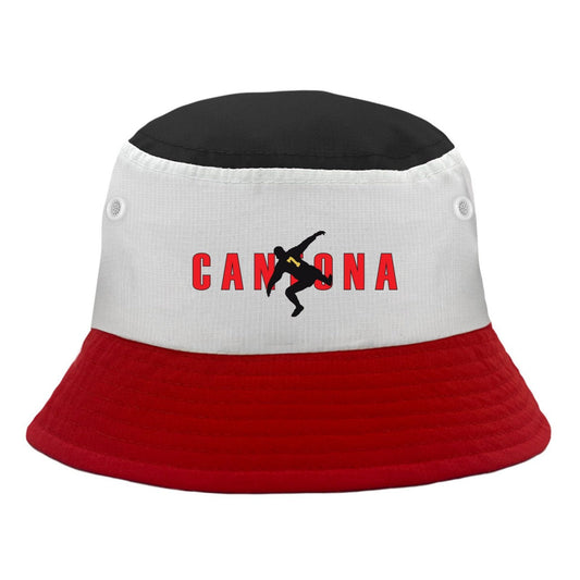 Bucket hat with black top, white middle, and red bottom, featuring 'Camona' text and logo.