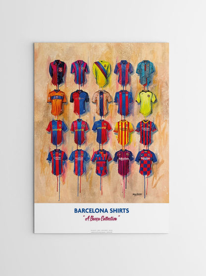 Poster of Barcelona shirts displayed on a wooden board with 'Barcelona Shirts' text below.