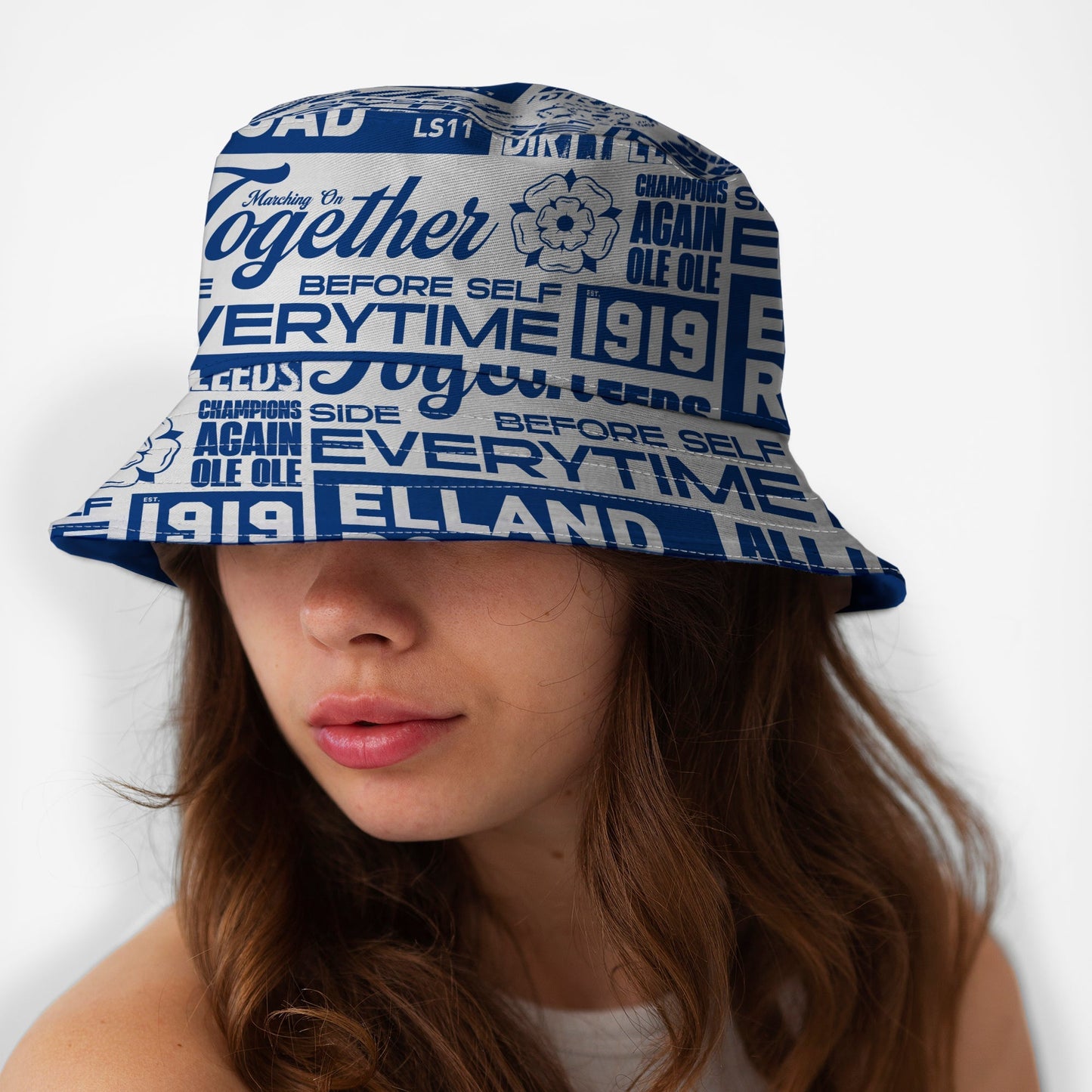 Leeds - Word Montage - White & Blue - Bucket Hat