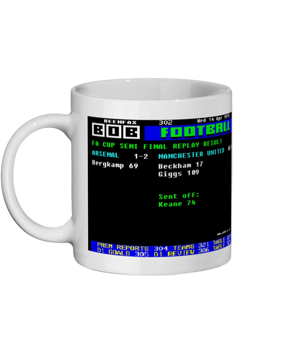 Arsenal v Man Utd 1999 FA Cup Semi Final Mug - Done in the style of page 302 on ceefax