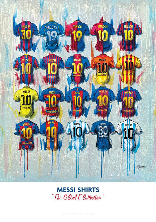 Collection of Messi soccer jerseys in various colors on a light blue background with 'Messi Shirts' text.
